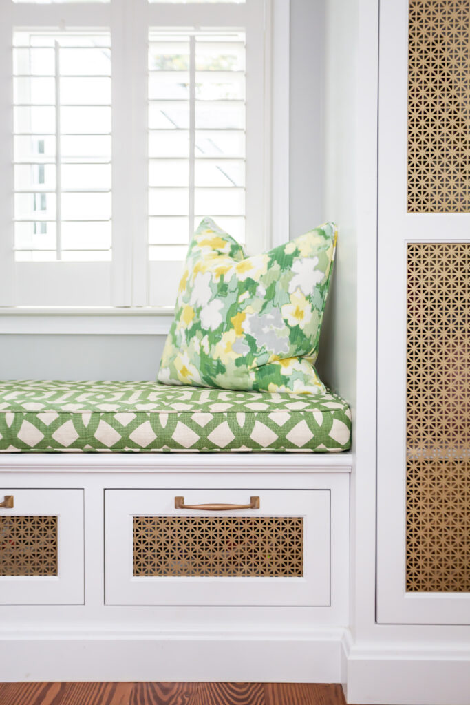Interior Design window seat upholstery detail by Lauren McKay Interiors Photographed by Interior Photographer Sara Coffin Photo