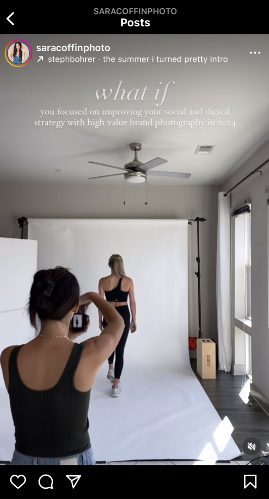 Instagram reel of photographer shooting a personal branding session for a girl wearing athletic wear inside a studio in front of a white paper backdrop