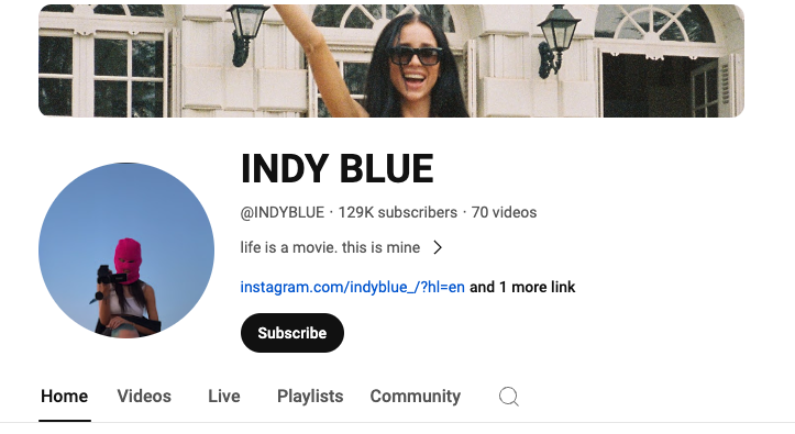 Indy Blue YouTube Channel page